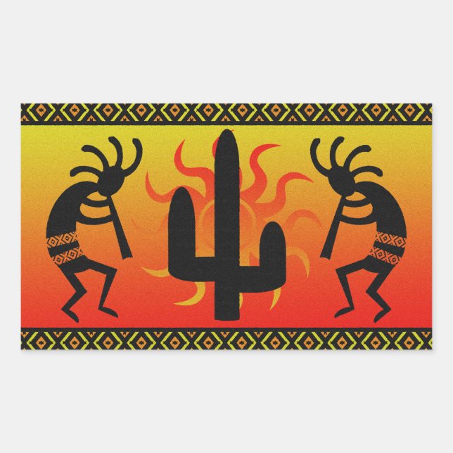 Sticker Rectangulaire Désert Sun Cactus Sud-Ouest Kokopelli (Devant)