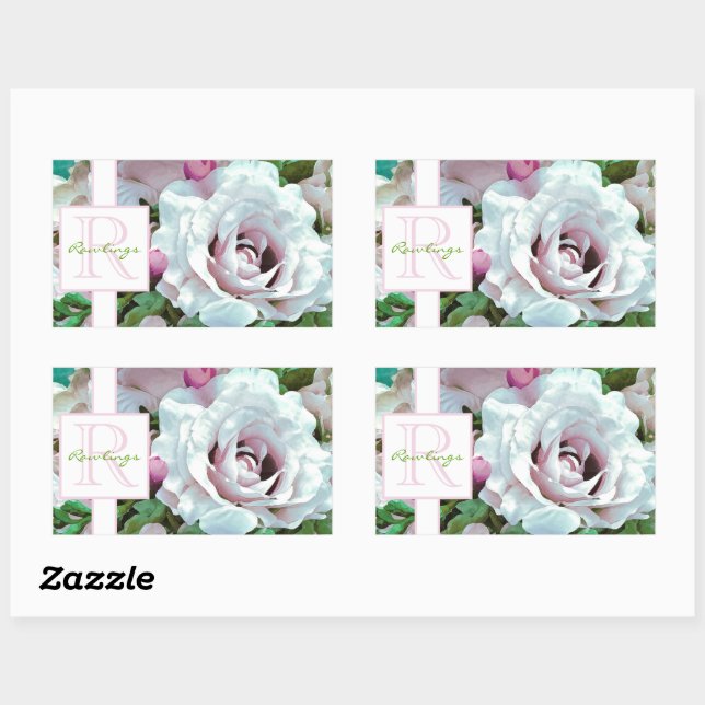 Sticker Rectangulaire Design floral | Rose rose | Monogramme (Feuille)