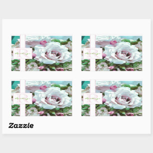 Sticker Rectangulaire Design floral Rose rose Monogramme