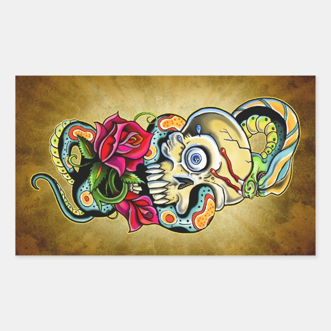Sticker Rectangulaire Design Rose de serpent crâne (Devant)