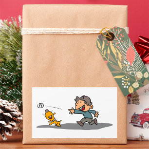 Sticker Rectangulaire Dessin amusant garçon et chien Jouer aller cherche