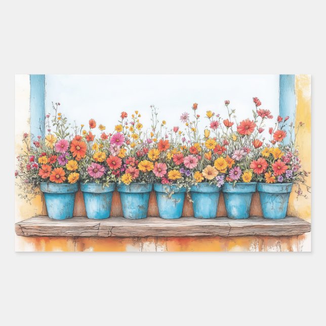 Sticker Rectangulaire Dessin couleur pastel avec pots de fleurs (Devant)