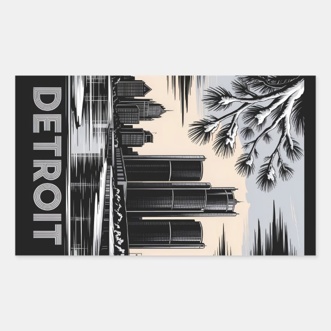 Sticker Rectangulaire Detroit Skyline Black and White Woodcut Winter (Devant)