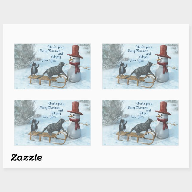 Sticker Rectangulaire Deux Chats et un Snowman (Feuille)
