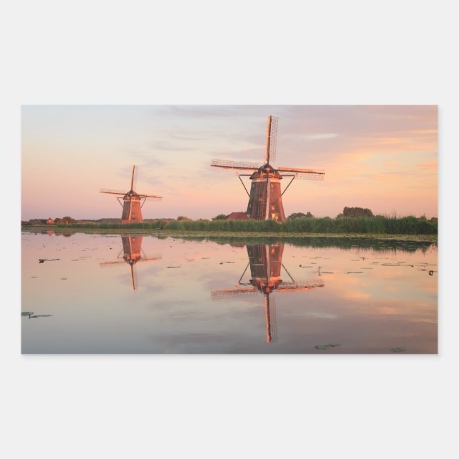 Sticker Rectangulaire Deux moulins à vent avec réflexion au coucher du s (Devant)