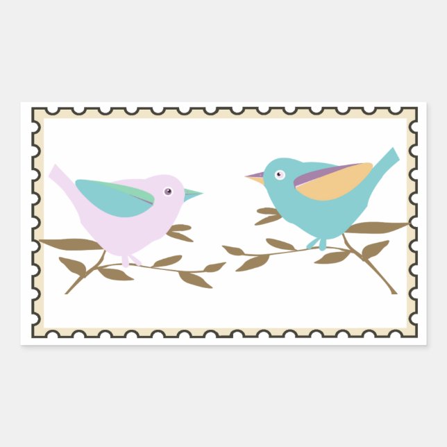 Sticker Rectangulaire Deux petits oiseaux Timbre faux  (Devant)