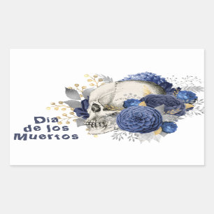 Sticker Rectangulaire Dia de los Muertos Blue Floral Crâne