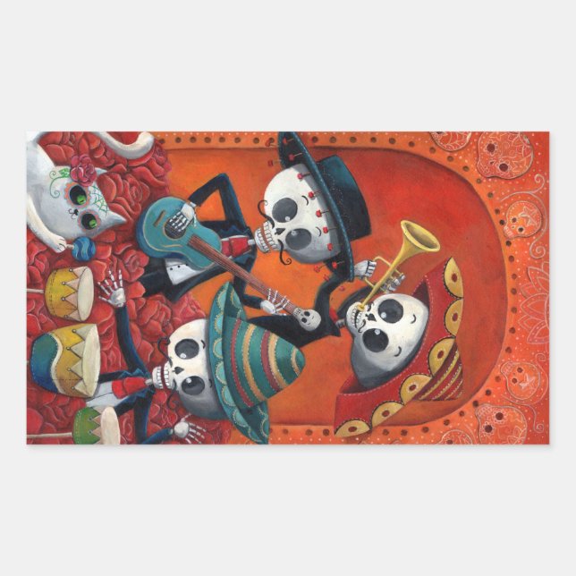 Sticker Rectangulaire Diaz de Los Muertos Skeleton Mariachi Trio (Devant)