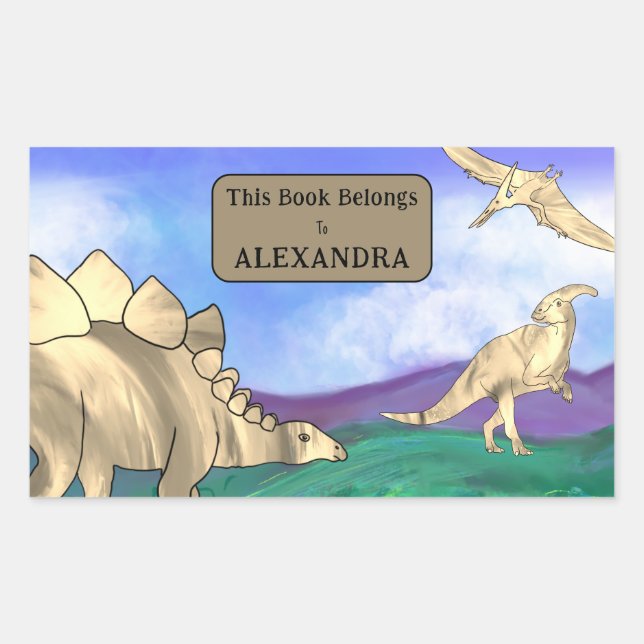 Sticker Rectangulaire Dinosaure Ce Livre Appartient à Nom de l'Enfant (Devant)