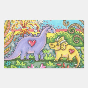 STICKER RECTANGULAIRE DINOSAURS PRÉHISTORIQUES COLORÉS, CUTE DINO AMIS