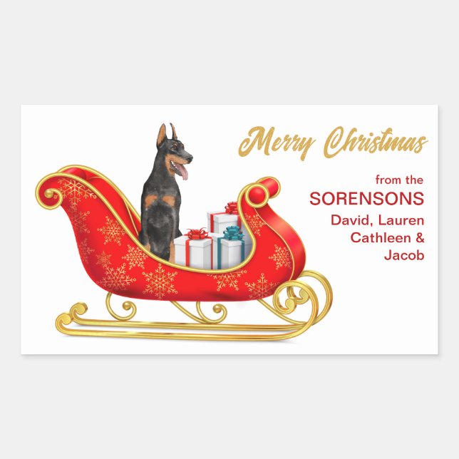 Sticker Rectangulaire Doberman Pinscher Chien de Noël Sleigh (Devant)