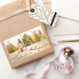 Sticker Rectangulaire Double Bonheur Nœud Rouge Photo de Mariage Chinois