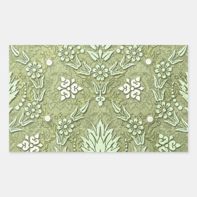 Sticker Rectangulaire Double Daisy Damask dans les tons vert olive (Devant)