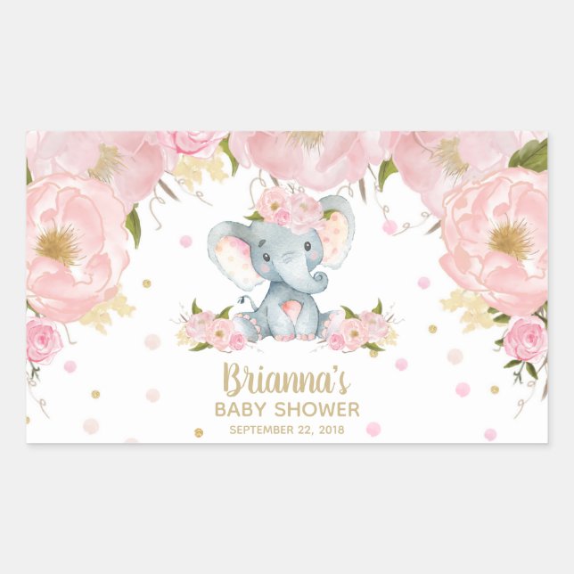 Sticker Rectangulaire Douce Éléphant Rose Fleurie Baby Shower (Devant)