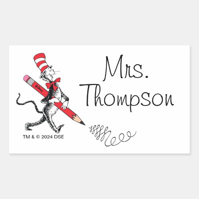 Sticker Rectangulaire Dr. Seuss | Chapeau Clown Nom Écrit (Devant)