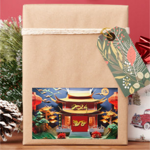 Sticker Rectangulaire Dragon chinois Nouvel An 2024 Temple RectS