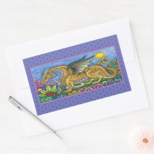 STICKER RECTANGULAIRE DRAGON MÉDIÉVAL & JEUNE, JARDIN D'ART FOLK COLORÉ
