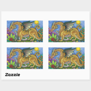 STICKER RECTANGULAIRE DRAGON MÉDIÉVAL & JEUNE, JARDIN D'ART FOLK COLORÉ