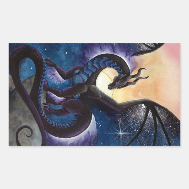 Sticker Rectangulaire Dragon noir avec ciel de nuit par Carla Morrow (Devant)