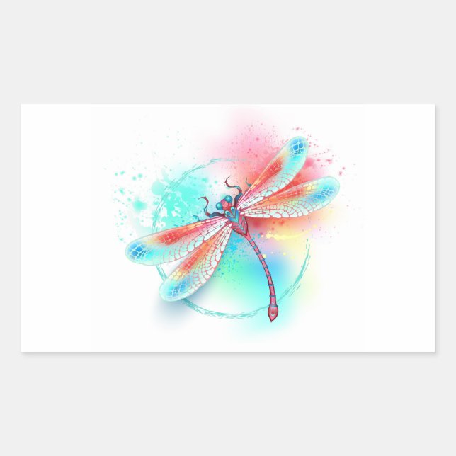 Sticker Rectangulaire Dragonfly rouge sur l'arrière - plan aquarelle (Devant)