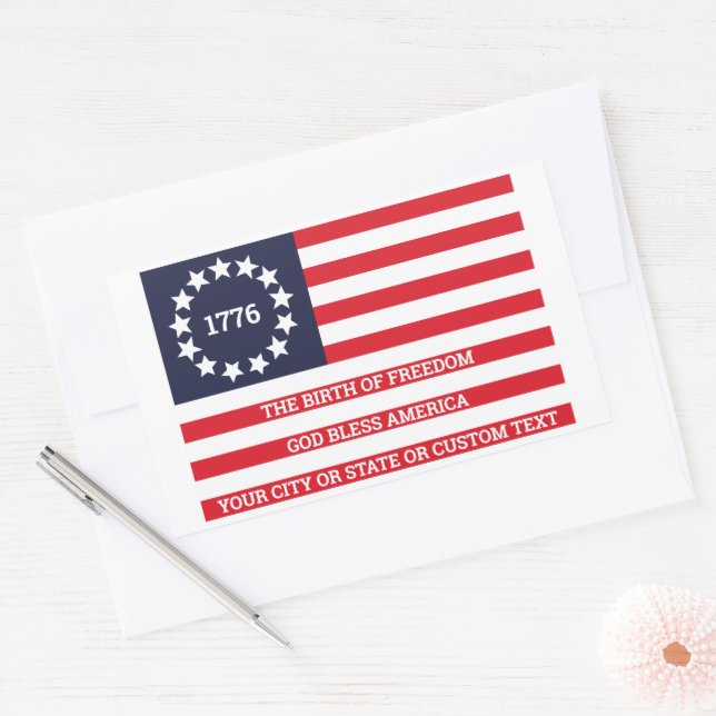 Sticker Rectangulaire Drapeau 1776 Texte facultatif American Betsy Ross (Enveloppe)