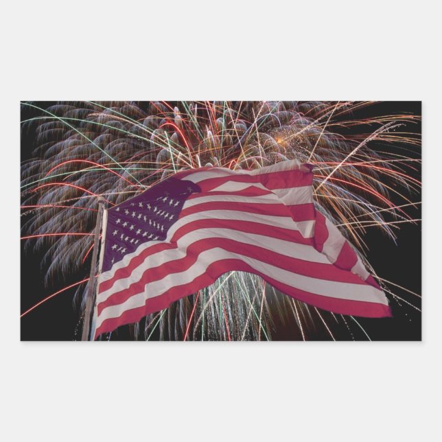 Sticker Rectangulaire Drapeau américain et feux d'artifice (Devant)