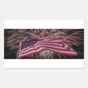 Sticker Rectangulaire Drapeau américain et feux d'artifice