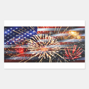 Sticker Rectangulaire Drapeau américain et feux d'artifice