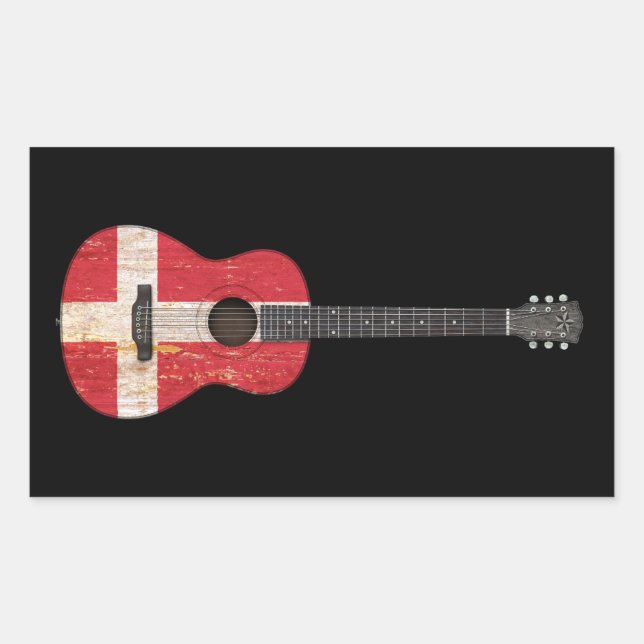 Sticker Rectangulaire Drapeau danois vieilli et usé Guitare acoustique,  (Devant)