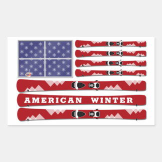 Sticker Rectangulaire Drapeau de ski et de flocons de neige USA en hiver