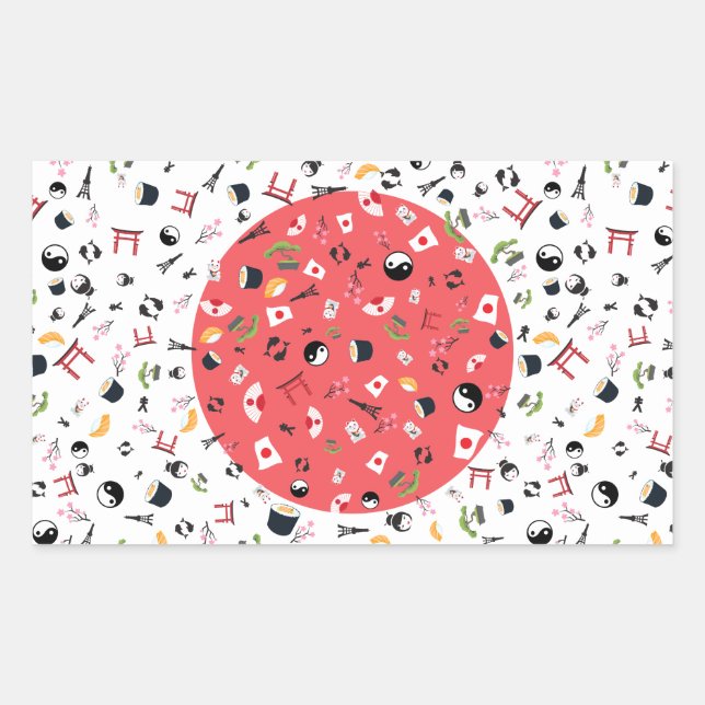 Sticker Rectangulaire Drapeau du Japon avec les célèbres icônes du Japon (Devant)