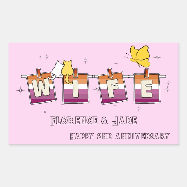 Sticker Rectangulaire Drapeau lesbien Sunset Wife Joyeux Anniversaire (Devant)