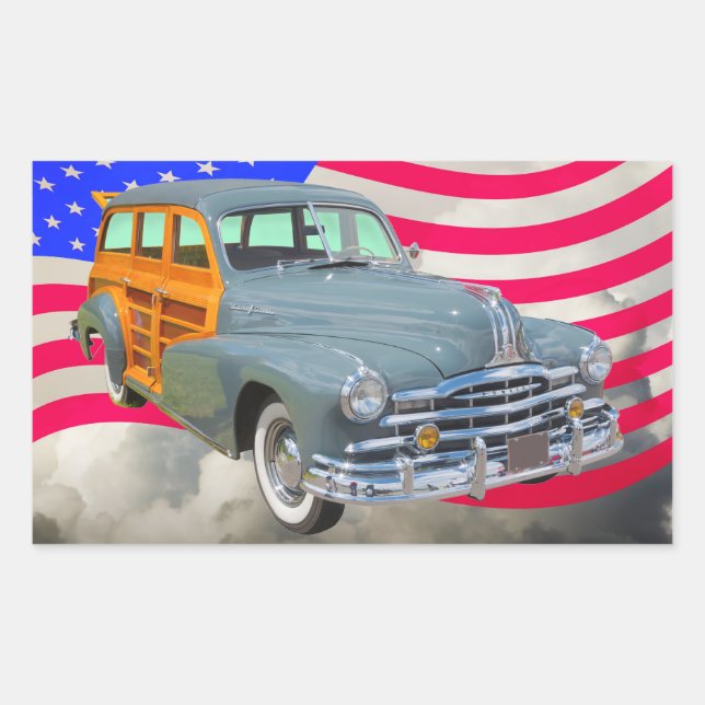 Sticker Rectangulaire Drapeau Pontiac Silver Streak Woody Et US 1948 (Devant)
