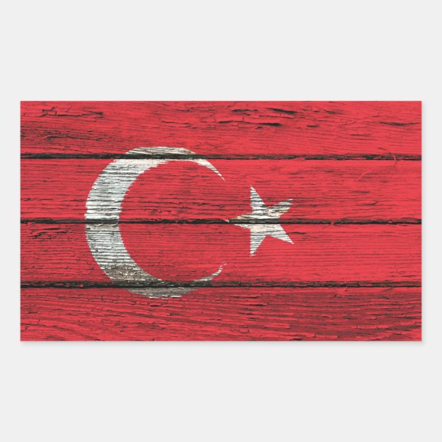 Sticker Rectangulaire Drapeau turc avec effet de grain de bois brut (Devant)
