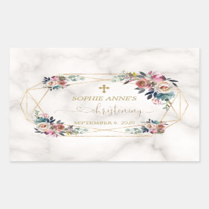 Sticker Rectangulaire Dusty Blue Misty Rose Fleurs or Christening
