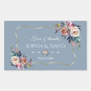 Sticker Rectangulaire Dusty Blue Misty Rose Fleurs or Mariage