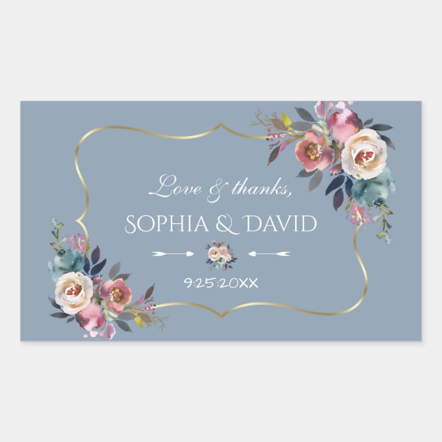 Sticker Rectangulaire Dusty Blue Misty Rose Fleurs or Mariage (Devant)