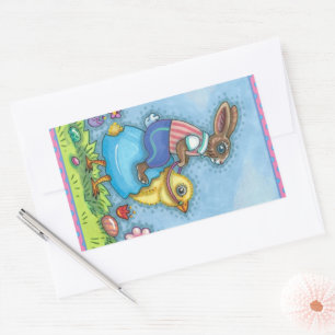 STICKER RECTANGULAIRE EASTER BUNNY ÉQUITATION CUTE POULET EN OEUF BLEU,