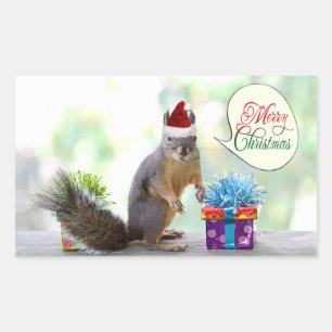 Sticker Rectangulaire Écureuil de Noël avec cadeaux de Noël