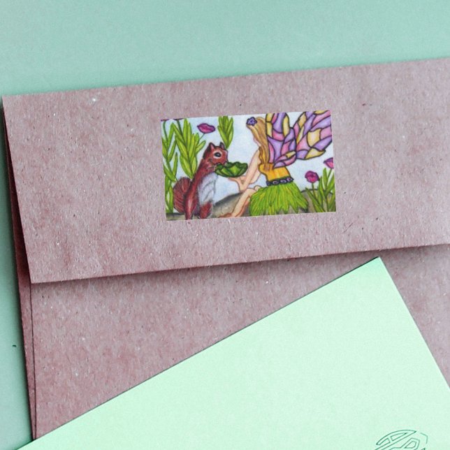 Sticker Rectangulaire Écureuil Feuille de fée ailes en verre (Fairy stained glass look wings sharing a drink with a squirrel on rectangle stickers.)