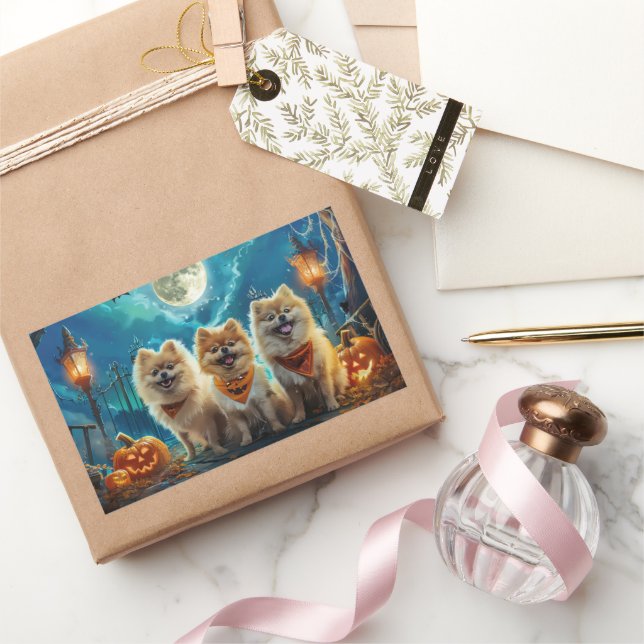 Sticker Rectangulaire Éffrayant d'Halloween de Poméranie (Cadeaux)