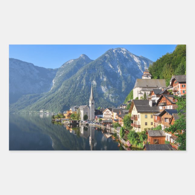 Sticker Rectangulaire Église et village de Hallstatt, Autriche avec Alpe (Devant)
