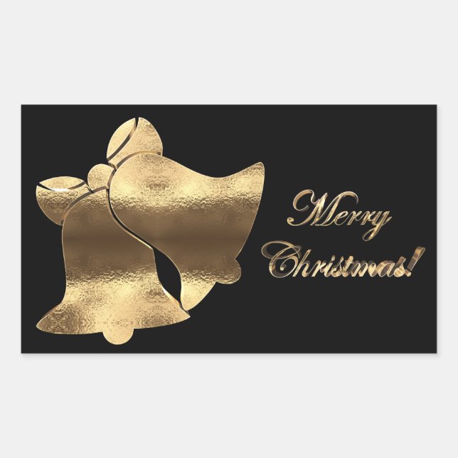 Sticker Rectangulaire Élégant Black et Gold Look cloches de Noël (Devant)