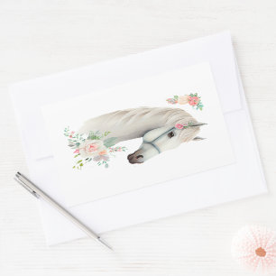 Sticker Rectangulaire Élégant Boho Cheval Blanc Floral