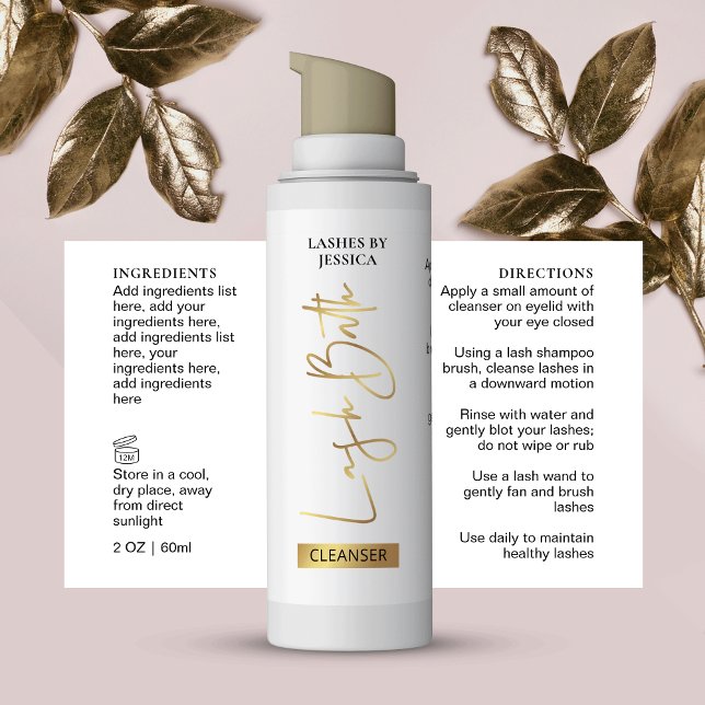 Sticker Rectangulaire Élégant Chic Gold Lash Nettoyant Bain Bouteille (Elegant gold effect lash bath foam bottle wrap around label with ingredients & directions)