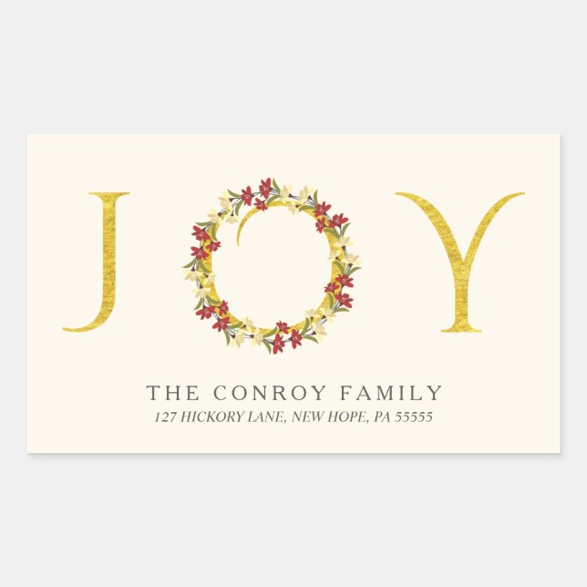 Sticker Rectangulaire Elegant Holiday Joy Gold Wreath Return Adresse (Devant)