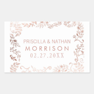 Sticker Rectangulaire Élégant Mariage Floral Rose Blanche Or