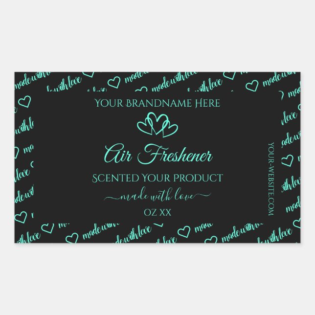 Sticker Rectangulaire Elégant Noir Turquoise Cloud Produit Coeurs Étique (Devant)