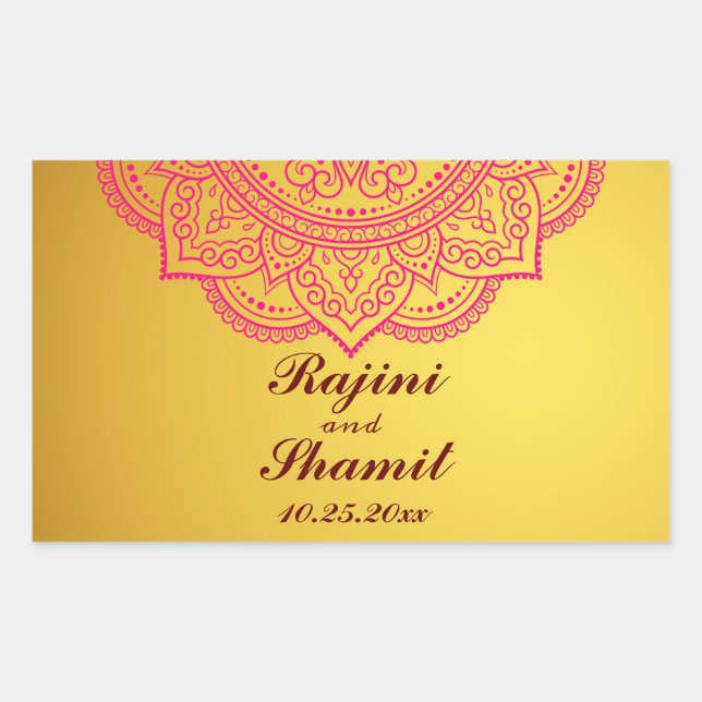 Sticker Rectangulaire Elégant or rose rouge Indien Mariage Recta (Devant)