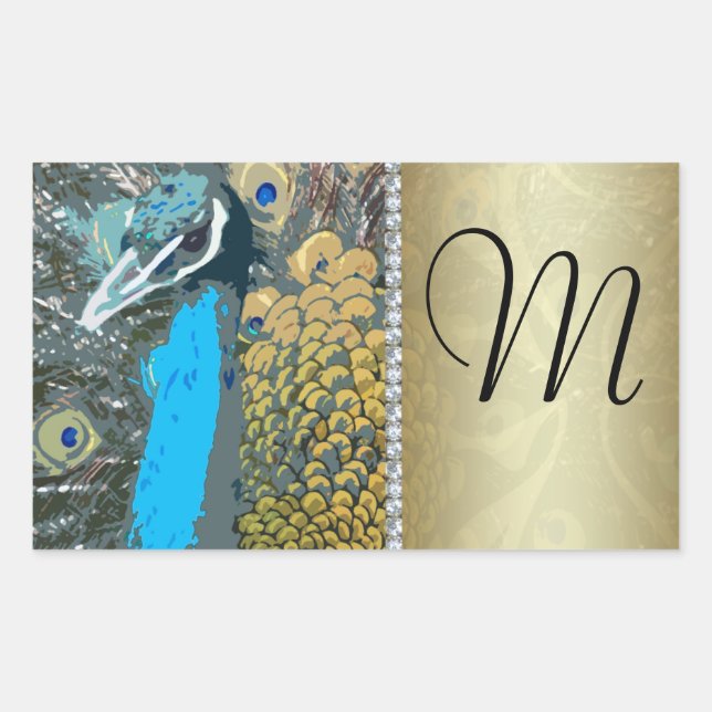 Sticker Rectangulaire Elégant Peacock avec Faux Jewels Monogram M (Devant)